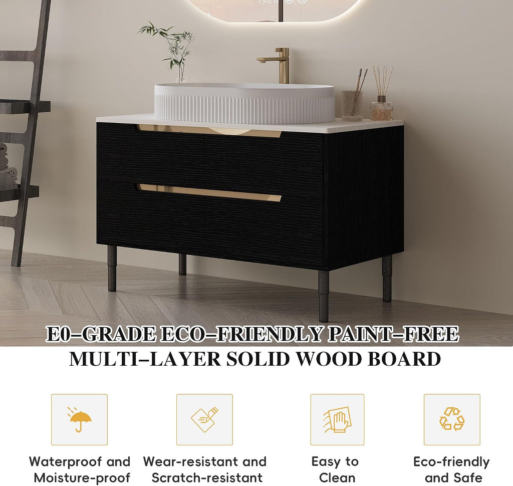 36' Bathroom Vanity with Above Oval Sink Set, Modern Black 2-in-1 Wall Mounted & Freestanding Bathroom Vanity Cabinet with Sintered Stone top&4 Storage Drawers, Bathroom Single Sink Cabinet