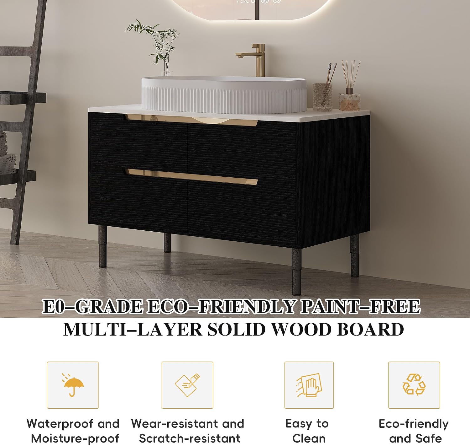 36' Bathroom Vanity with Above Oval Sink Set, Modern Black 2-in-1 Wall Mounted & Freestanding Bathroom Vanity Cabinet with Sintered Stone top&4 Storage Drawers, Bathroom Single Sink Cabinet