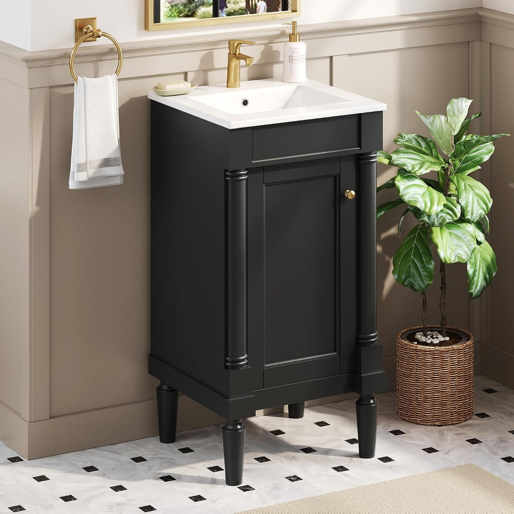 18' Small Bathroom Vanity with Ceramic Sink Freestanding Bathroom Vanity with 1 Soft-Close Door,2-Tier Storage Cabinet with Adjustable Shelf Single Sink Vanity with Roman Column Base,Black
