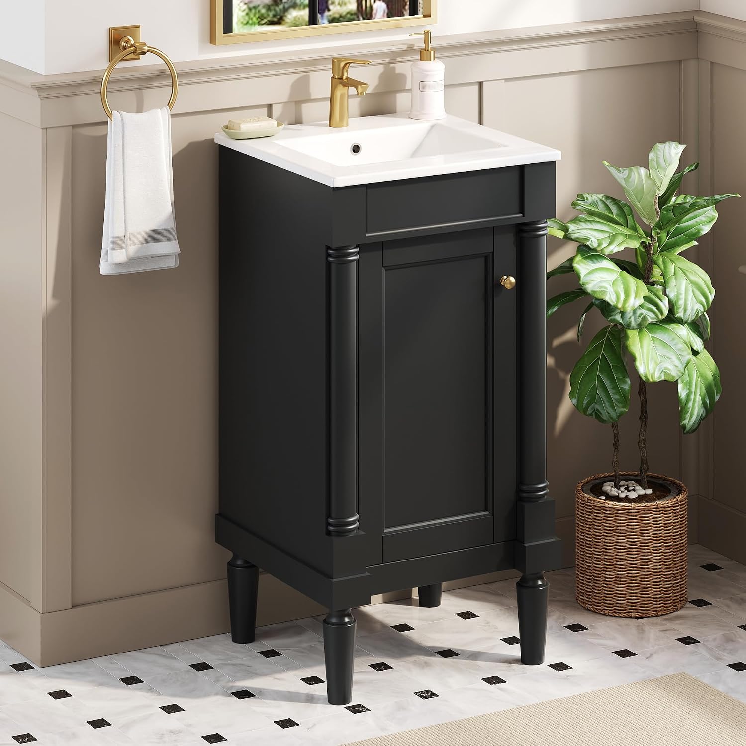 18' Small Bathroom Vanity with Ceramic Sink Freestanding Bathroom Vanity with 1 Soft-Close Door,2-Tier Storage Cabinet with Adjustable Shelf Single Sink Vanity with Roman Column Base,Black