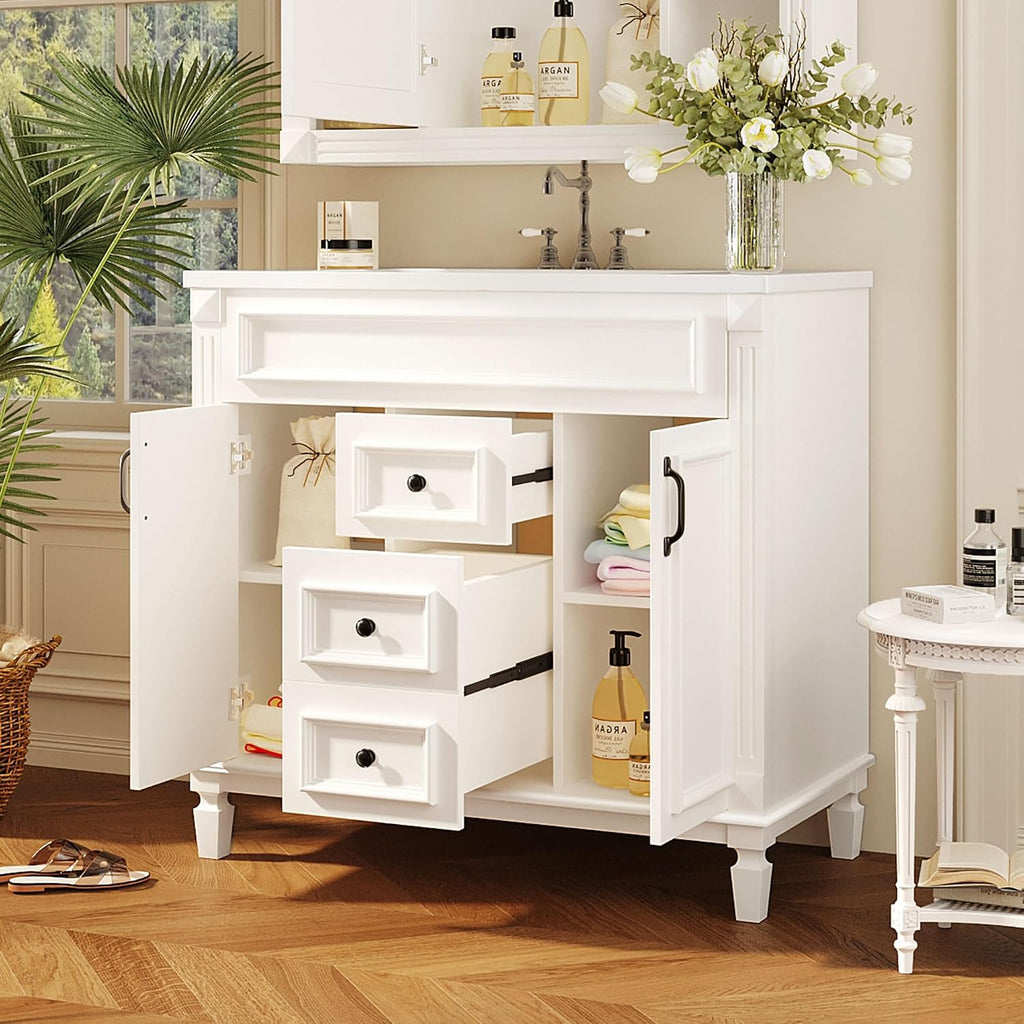 Merax 36' Bathroom Vanities with Single Sink, Modern Undermount Bathroom Sink Cabinet with 3 Closing Doors & 2 Full Extension Dovetail Drawers