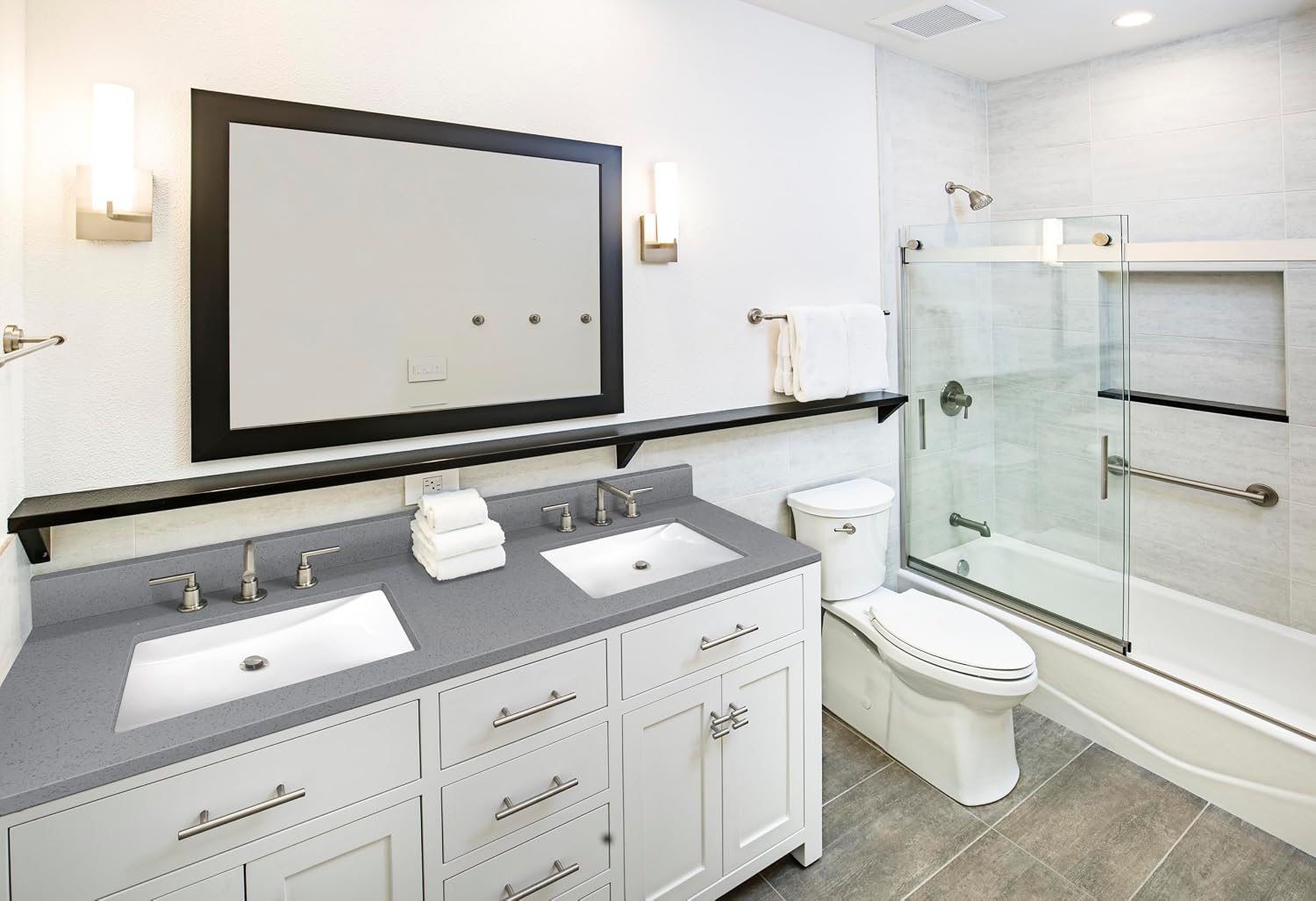 MSI Sparkling Gray Vanity Top with Under Mount Rectangle Double Bowl Ceramic Sinks, Engineered Marble Stone, 4' CC Faucet Holes, 61'X22'