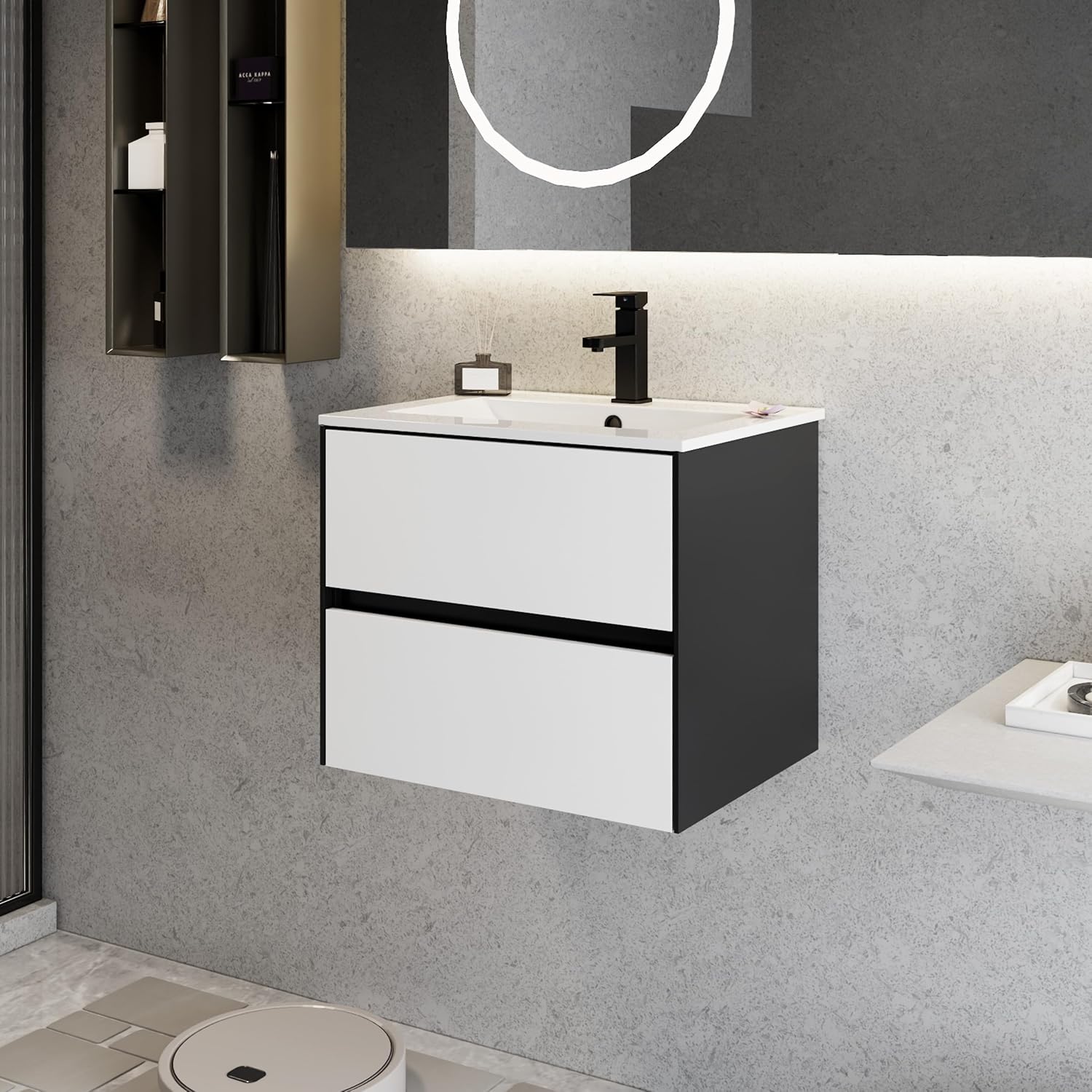 eclife 24' Bathroom Vanity Cabinet with Undermount White Sink Combo, Wall Mounted Floating Bathroom Cabinet with Colors Mixed Style, 2 Big Drawers & Matte Black Faucet