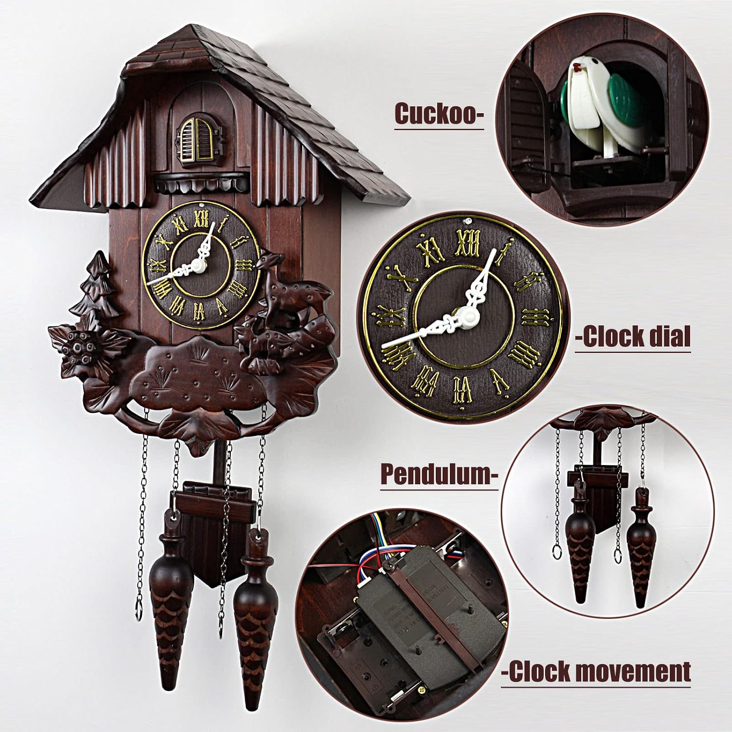 Cuckoo Clocks,Wall Clock,Cuckoo Clocks for Wall,Solid Wood Cuckoo Clock Vintage Singing Bird,Home Decor and Swinging Pendulum Cuckoo Clock Hand Carved