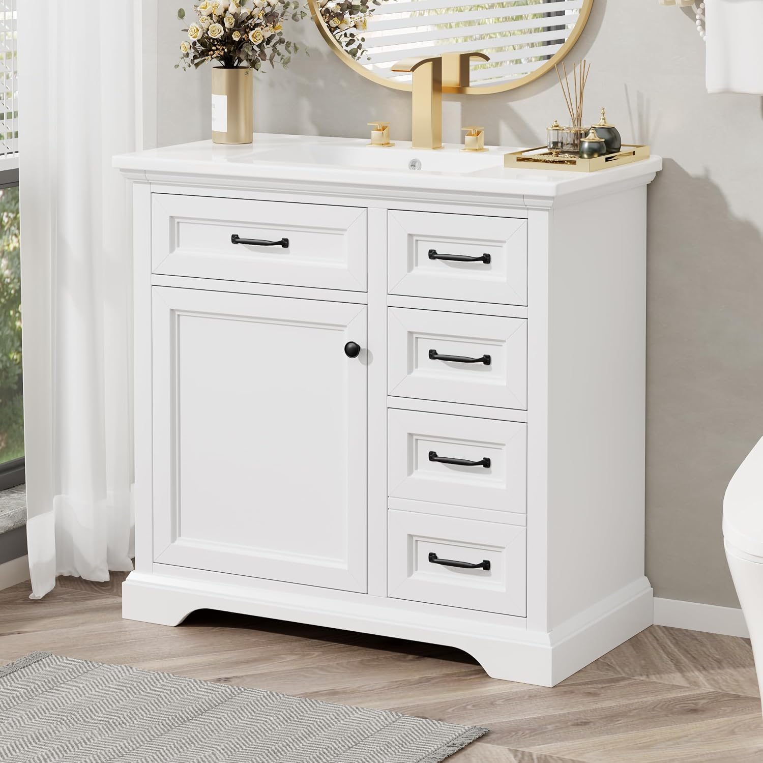 36' Bathroom Vanities Cabinet with Ceramic Sink Set Combo, Tip-Out Drawers, Storage Organizer Door Shelf, Soft-Closing Door, White