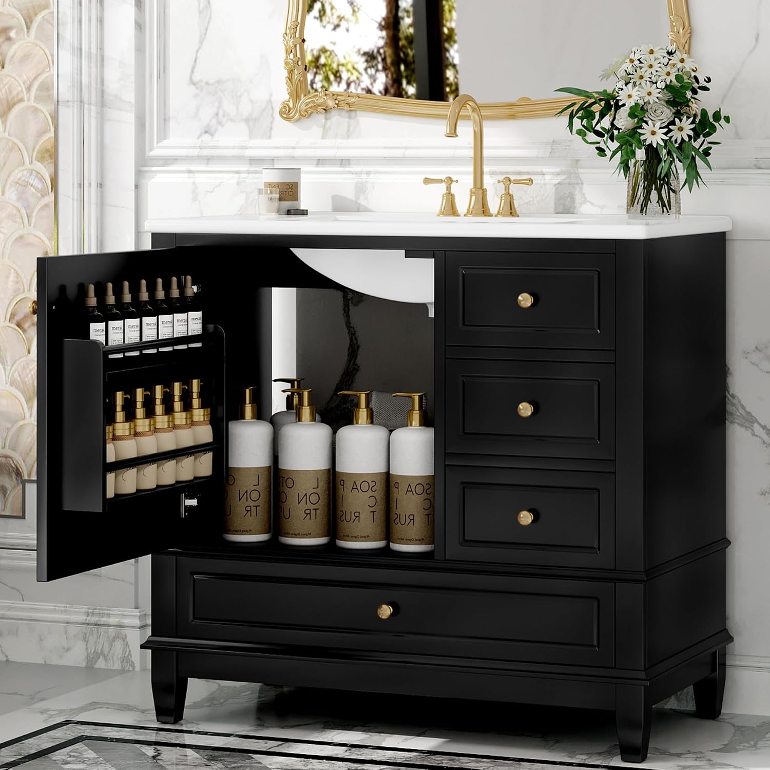 36' Modern Freestanding Bathroom Vanity with Ceramic Sink Top, 3 Drawers & Storage Shelves - MDF & Solid Wood Base