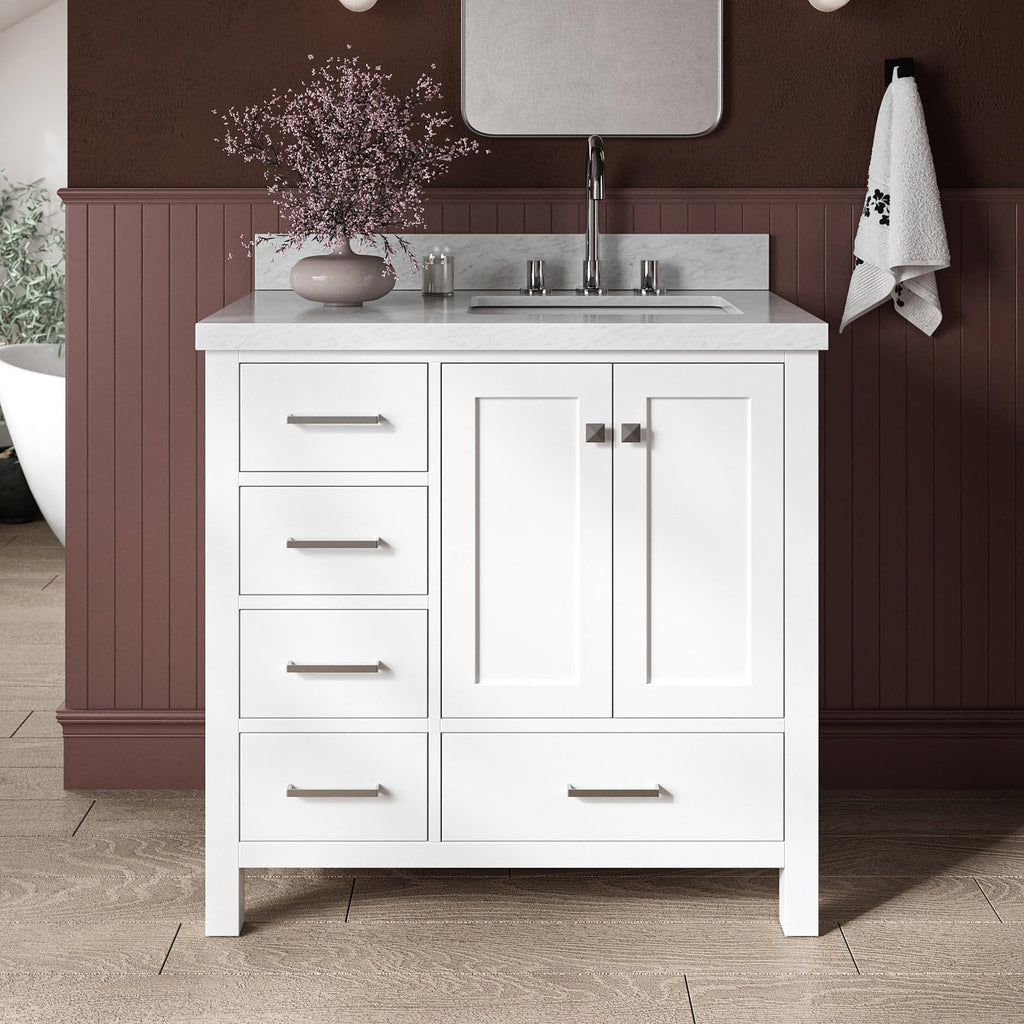 ARIEL Cambridge 36-inch Bathroom Vanity with Sink,Solid Wood, 1.5-inch Italian Carrara Marble Countertop, Single Rectangular Porcelain Sink, 2 Soft Closing Doors, 5 Dovetail Drawers, White