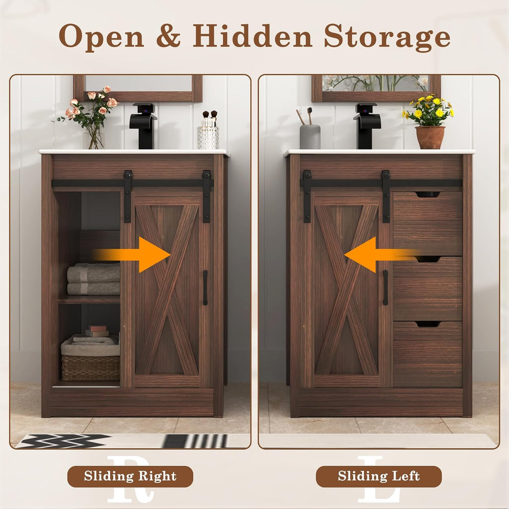 chartustriable 24 Inch Bathroom Vanity with Sink & Faucet & Mirror, Farmhouse Bathroom Vanity Cabinet Set with Sliding Barn Door & Drawers, Small Single Bath Storage Vanity Sink, Brown