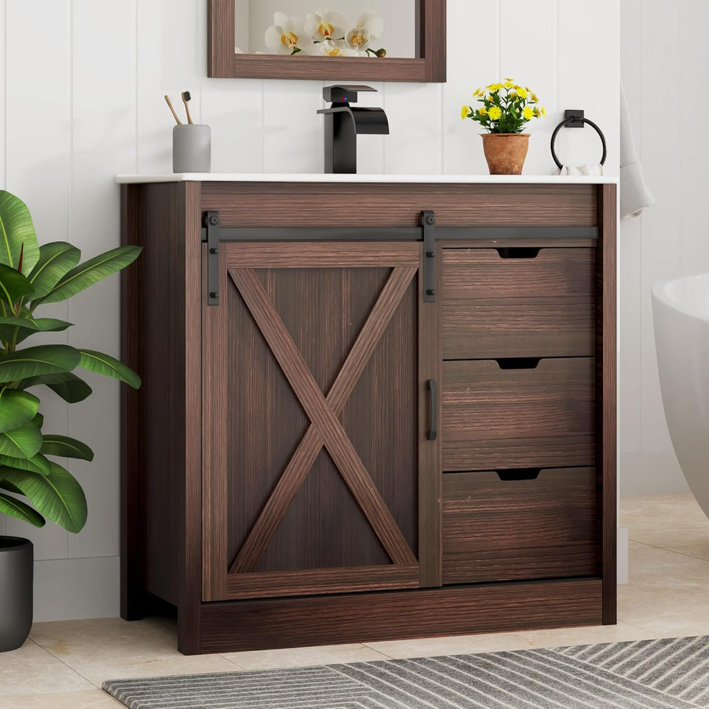 chartustriable 36 Inch Bathroom Vanity with Sink & Faucet & Mirror, Farmhouse Bathroom Vanity Cabinet Set with Sliding Barn Door & Drawers, Small Single Bath Storage Vanity Sink, Brown