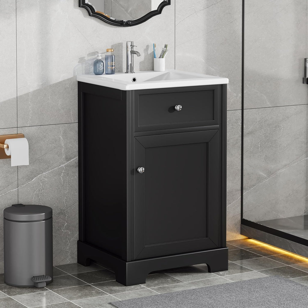 20' Bathroom Vanity with Sink, Harper & Bright Designs Free Standing Single Basin Vanity Set with Soft Closing Door and Storage Rack, Solid Wood Bathroom Cabinet with Ceramic Basin for Bathroom, Black
