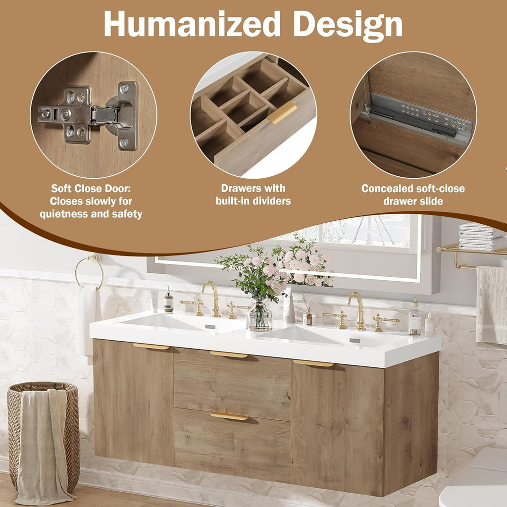 60'' Floating Bathroom Vanity with Sink, Wall-Mounted Cabinet with Drawer & Doors, SMC Resin Top Undermount Basin, Soft-Close, with Handle for Large Bathrooms