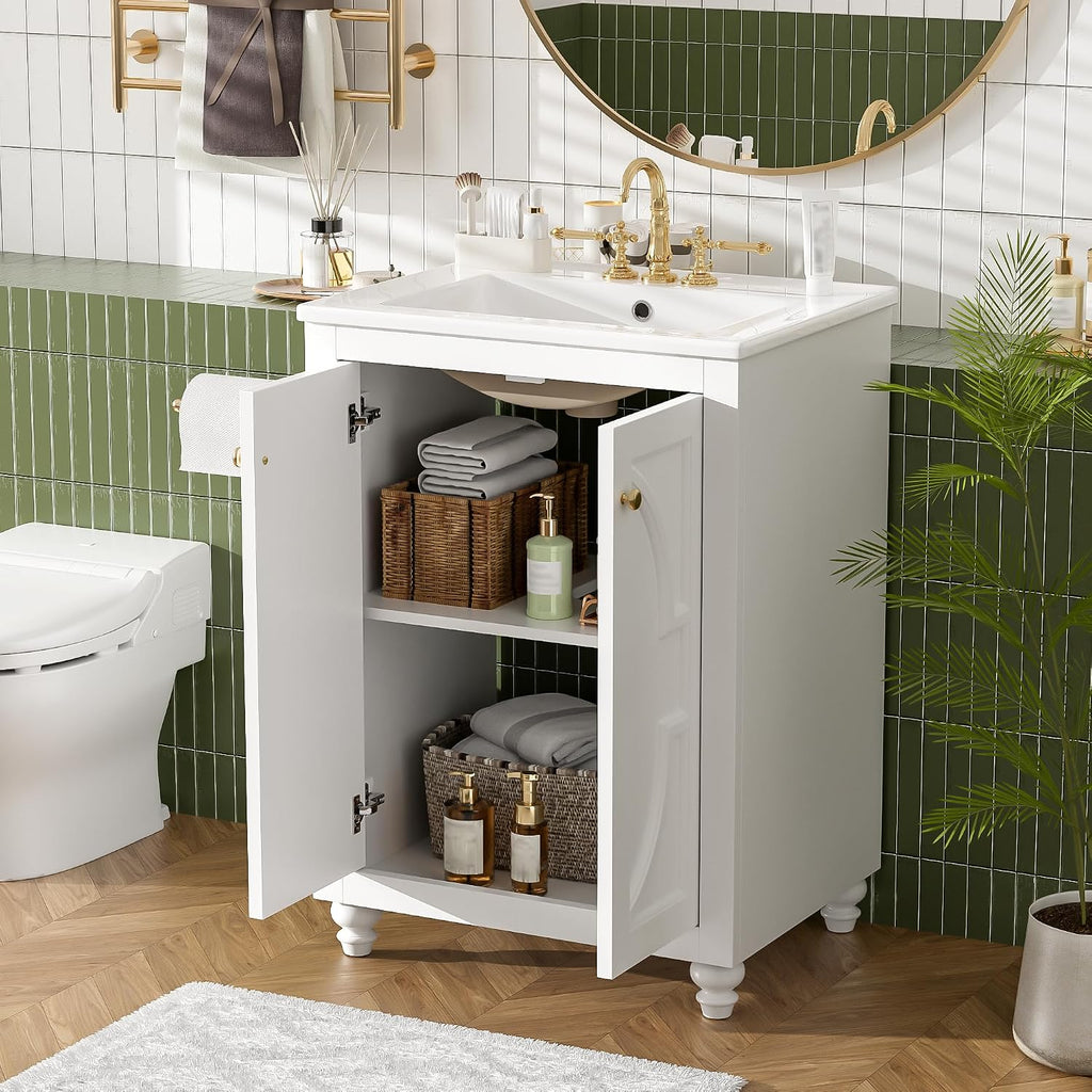 VilroCaz 24' Modern Bathroom Vanity with Ceramic Sink, Ornate Elliptical Motif Design & Soft-Close Hinges, Wood Bathroom Cabinet with Ball-Turned Legs, French Elegance (White-Ele)
