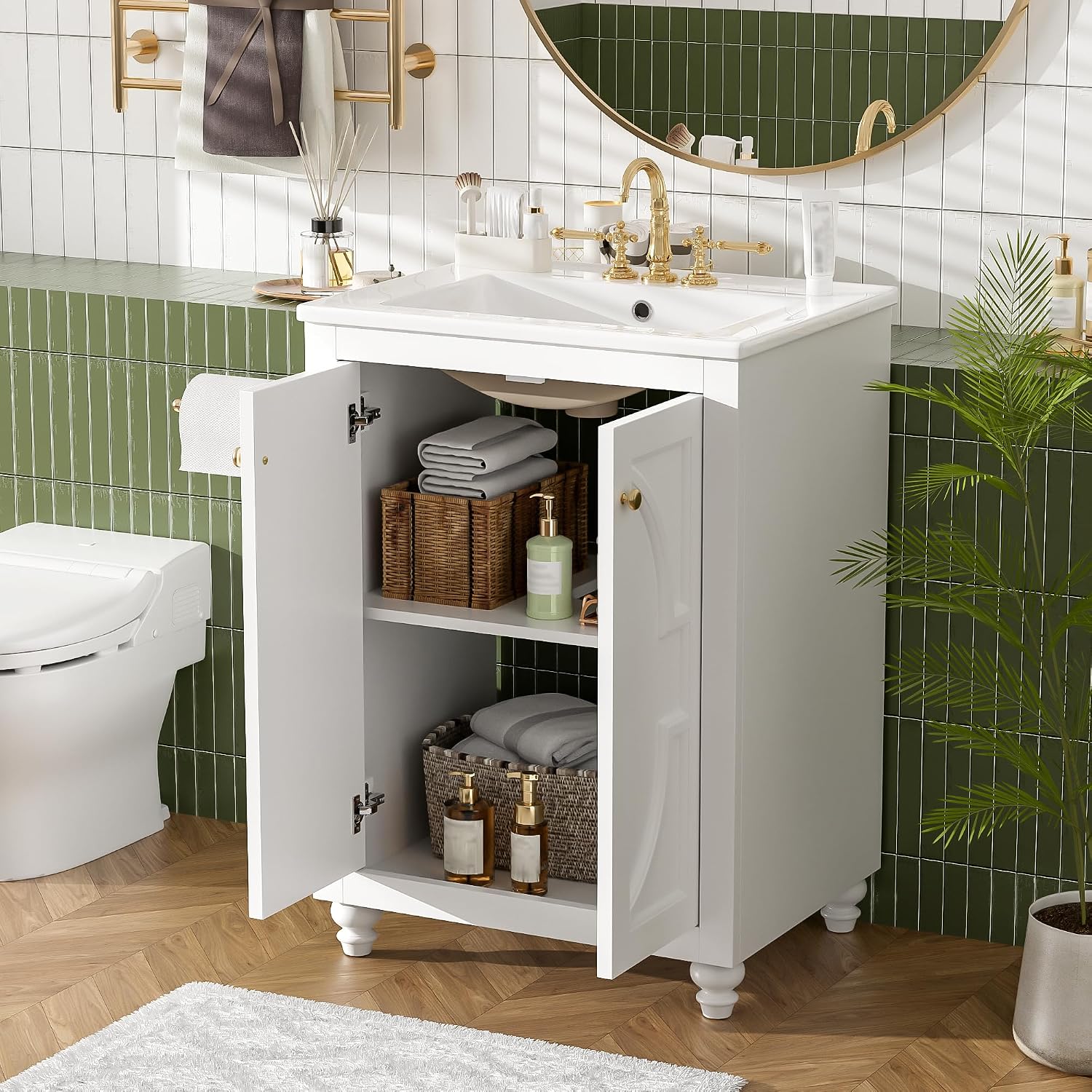 VilroCaz 24' Modern Bathroom Vanity with Ceramic Sink, Ornate Elliptical Motif Design & Soft-Close Hinges, Wood Bathroom Cabinet with Ball-Turned Legs, French Elegance (White-Ele)