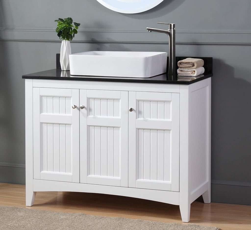 42' Triadsville White Vanity with Black Granite Top, Vessel Style Bathroom Sink, Soft-Closing Doors, Full Extension Drawer, Brushed Nickel Hardware