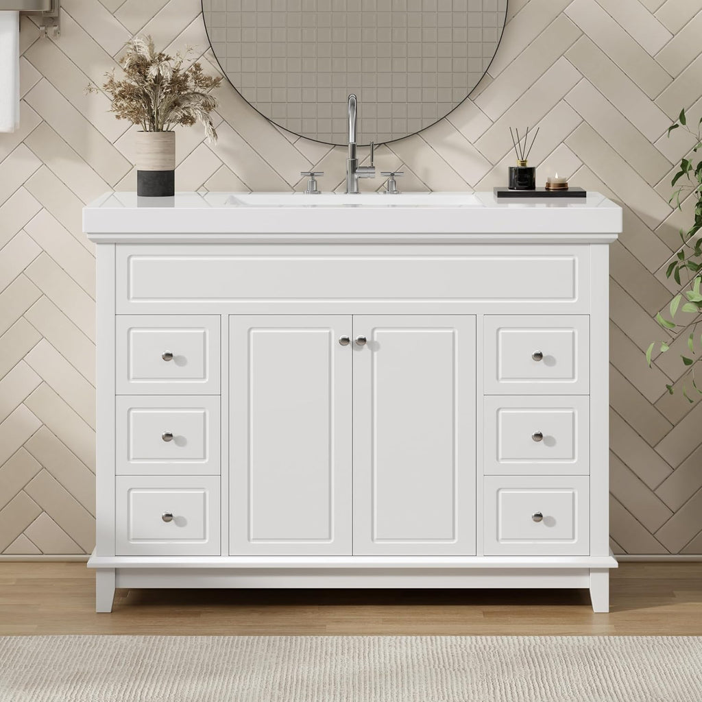48' Bathroom Vanities Cabinet with Sink Top, Soft-Closing 6 Drawers and 2 Doors, Solid Wood Frame, White