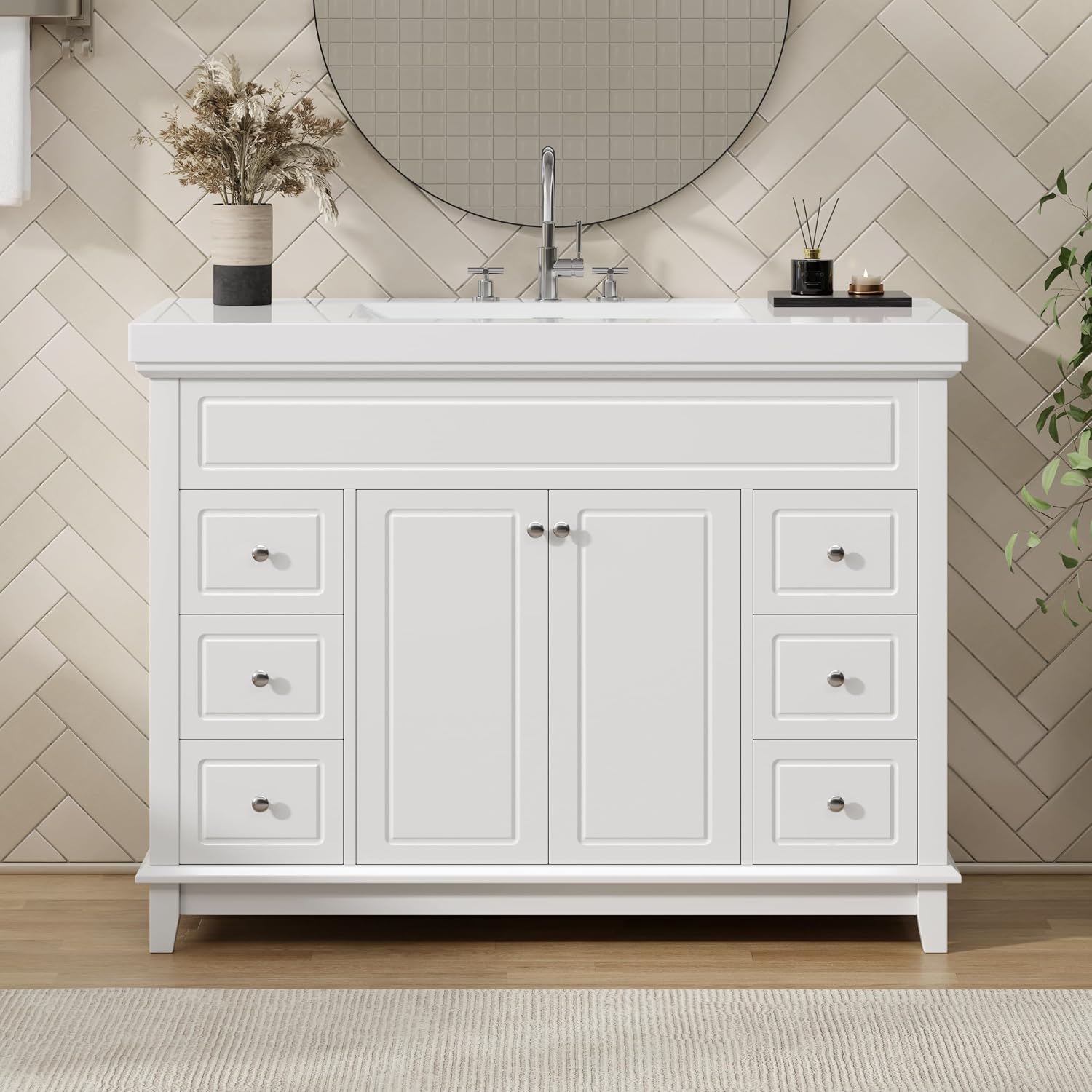 48' Bathroom Vanities Cabinet with Sink Top, Soft-Closing 6 Drawers and 2 Doors, Solid Wood Frame, White