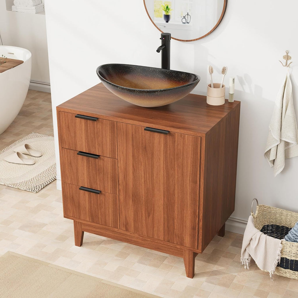EROMMY 30 Inch Bathroom Vanity with Sink Combo, Bathroom Vanity with 3 Soft-Close Drawers, Adjustable Shelf & Boat Glass Sink, Rustic Standing Bathroom Cabinet Includes Water Tap & Sink Accessories
