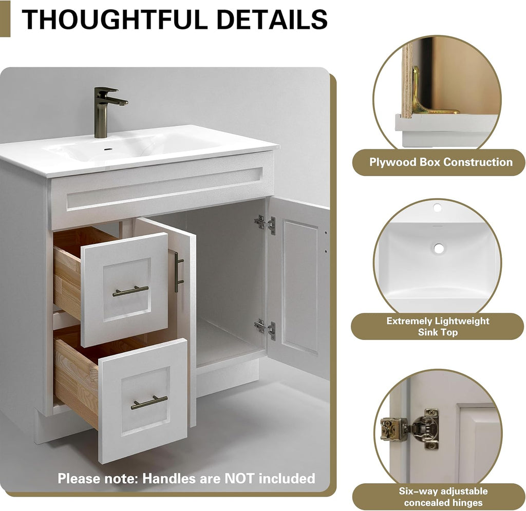 White Shaker Bathroom Vanity with Sink 36' – Solid Surface One-Piece Top, Soft-Close Doors & Drawers, Polyurethane Nano Resin Sink, Pre-Drilled Faucet Hole, Modern Bath Vanity Cabinet Set