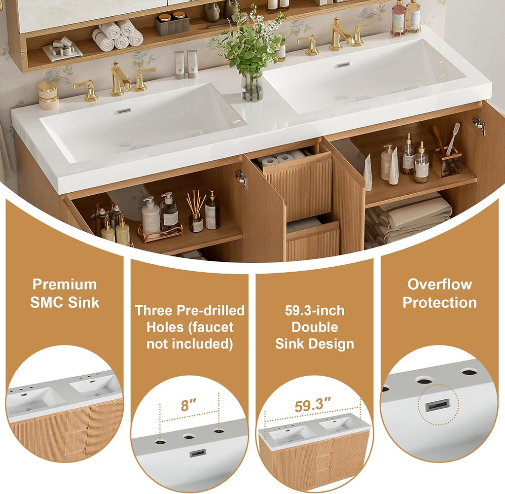 60 Inch Bathroom Vanity with Sink, Modern Fluted Freestanding Double Bathroom Vanity Cabinet with 4 Soft Closing Doors & 3 Drawers, Waterproof Lacquer Finish for Master Bathroom & Family Home