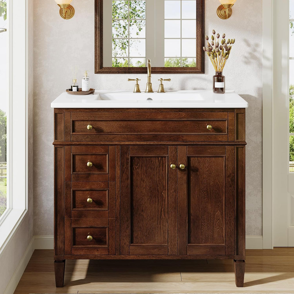 Tribesigns 36' Bathroom Vanity with Sink, Farmhouse Bathroom Sink Cabinet with 4 Drawers & 2 Doors, Bath Storage Vanity Sink with Metal Handles, Solid Wood Frame, Paint Surface Brown
