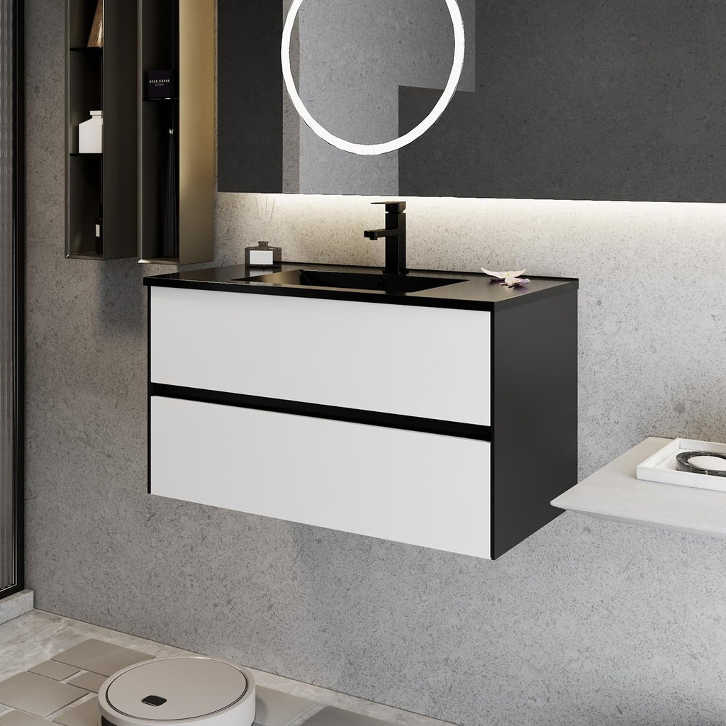 eclife 36' Bathroom Vanity Cabinet with Undermount Black Sink Combo, Wall Mounted Floating Bathroom Cabinet with Colors Mixed Style, 2 Big Drawers & Matte Black Faucet