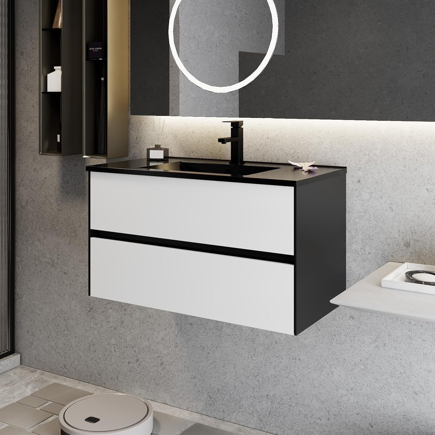 eclife 36' Bathroom Vanity Cabinet with Undermount Black Sink Combo, Wall Mounted Floating Bathroom Cabinet with Colors Mixed Style, 2 Big Drawers & Matte Black Faucet
