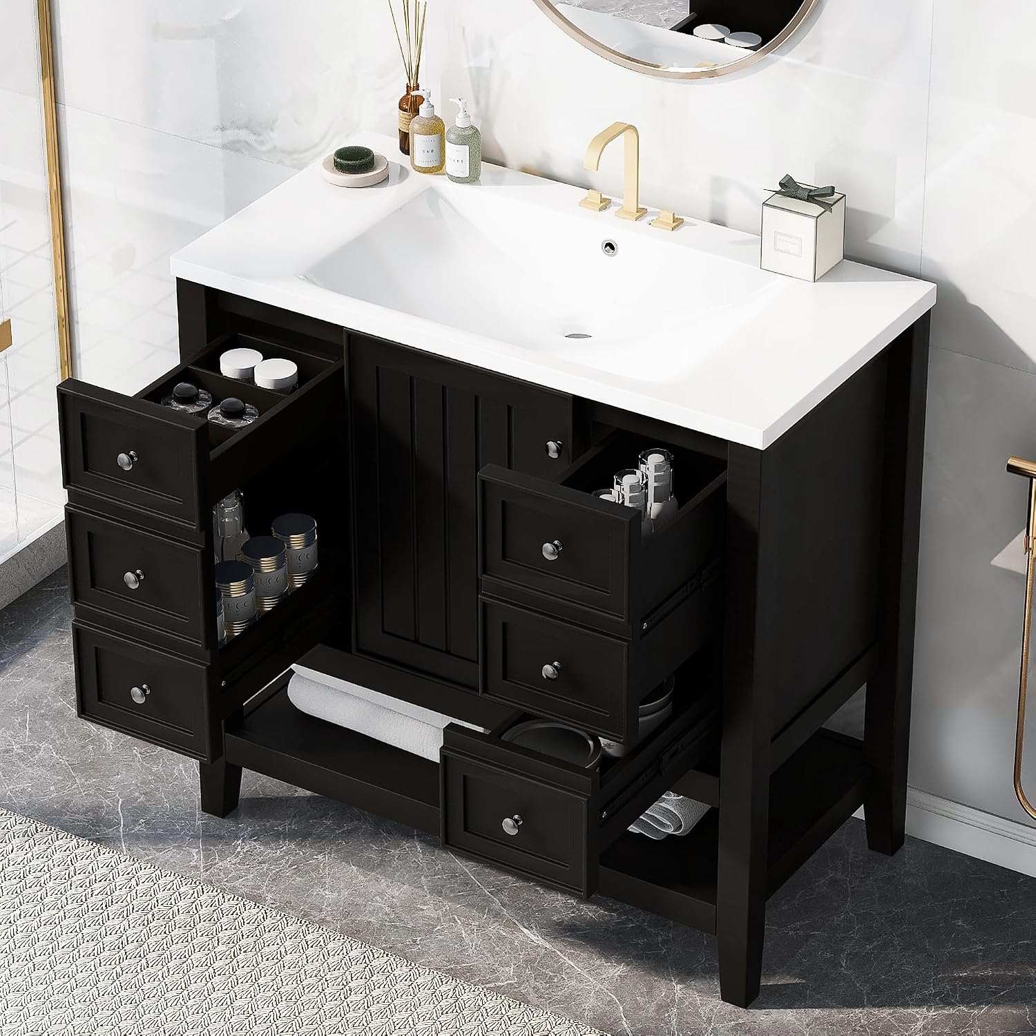 36' Vanity Bathroom Cabinet with Sink Top, Three Multi-Functional Drawers, Open Storage Space, Adjustable Shelf, Black