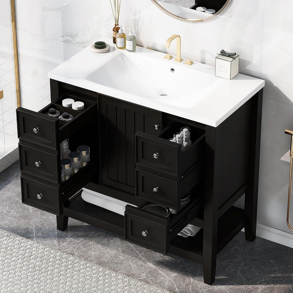LUMISOL 36' Bathroom Vanity with Sink Combo, Bathroom Vanity Storage Cabinet with 3 Drawers & Open Shelf, Solid Wood Frame Bathroom Cabinet with Ceramic Sink, Black