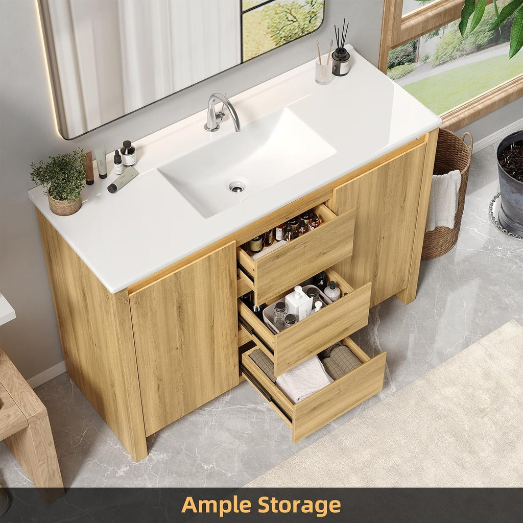 ONBRILL Modern Bathroom Vanity with Sink, Mid-Century Bath Vanities with Light & Integrated Resin Basin, 47.2' Large Single Sink Cabinet with Soft Closing Door & 3 Drawers for Master Bathroom, Hotel