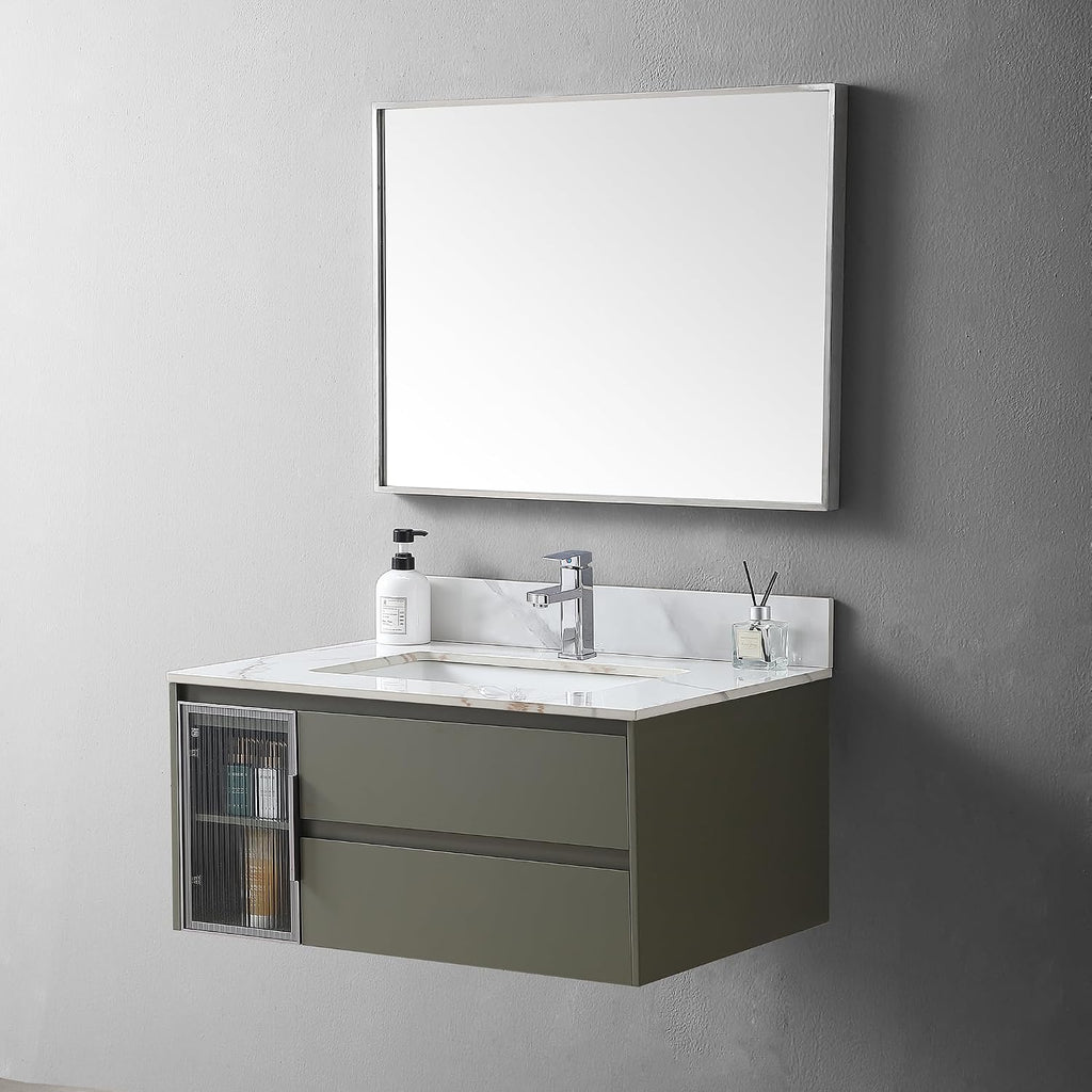 31' Bathroom Vanity Top with Ceramic Undermount Sink & Backsplash,Carrara Gold Sintered Stone Counter Top, Single Hole Vanity Sink Top
