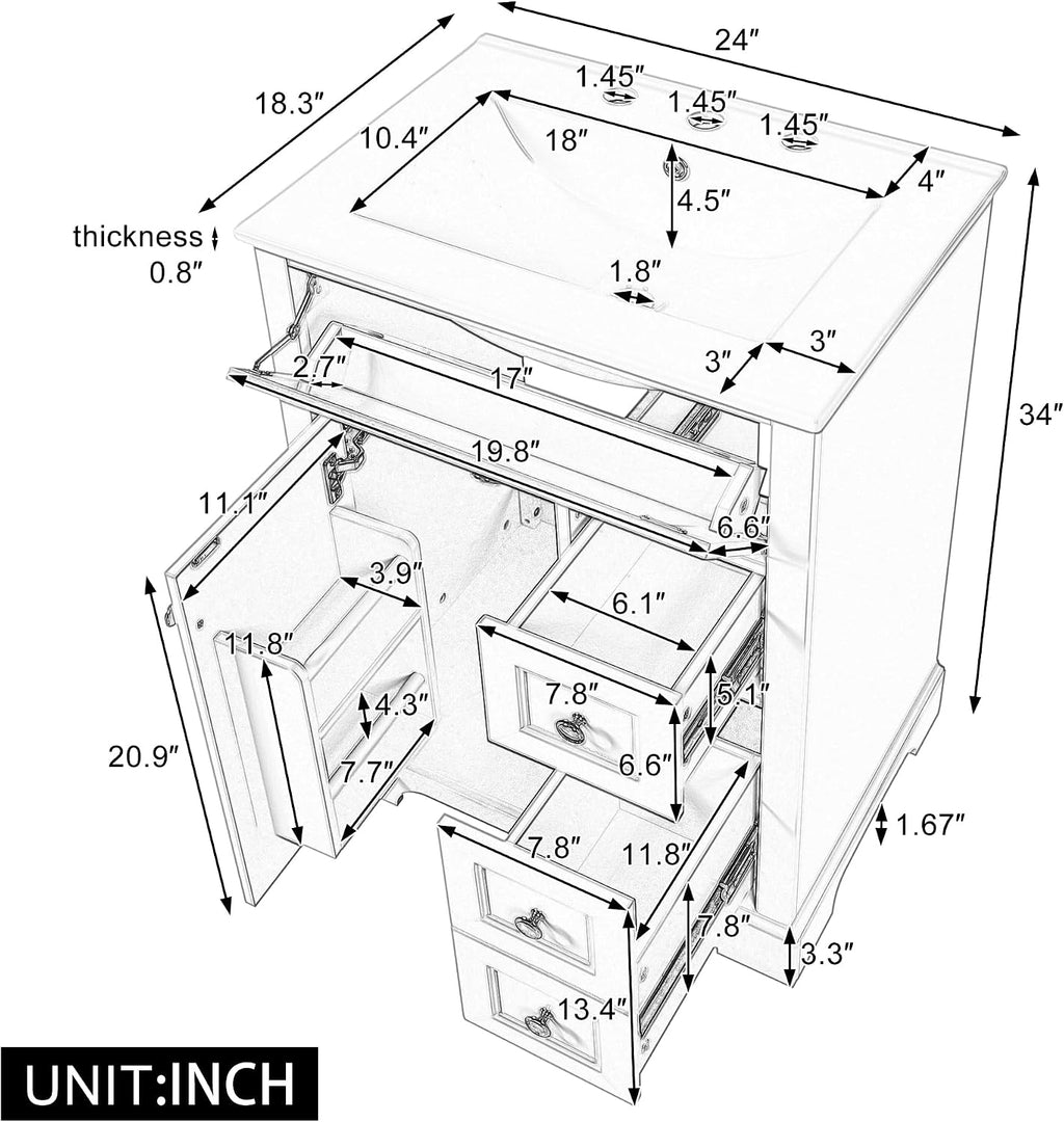 Bathroom Vanity with Sink 24 Inch, Tip-Out Drawer and Door Rack, Adjustable Shelf, Soft-Closing Drawers and Door, White