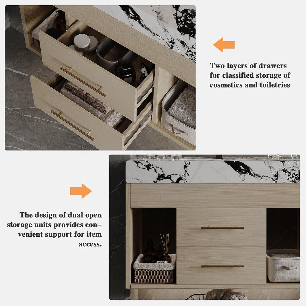 30' Bathroom Vanity with Sink Set, Modern Oak Wall Mounted Bathroom Vanity Cabinet with Sintered Stone Top&Gold Handle 2 Drawers&2 Open Storage, Single Sink Floating Bathroom Vanity
