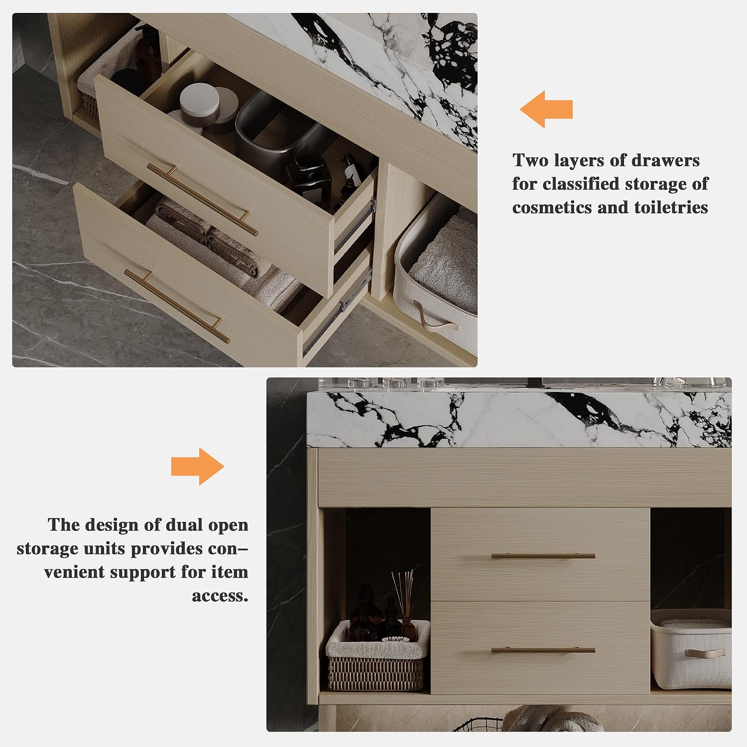 30' Bathroom Vanity with Sink Set, Modern Oak Wall Mounted Bathroom Vanity Cabinet with Sintered Stone Top&Gold Handle 2 Drawers&2 Open Storage, Single Sink Floating Bathroom Vanity