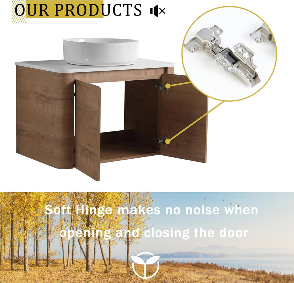 30 Inch Wall-Mounted Bathroom Vanity with Sink Combo Modern Floating Bathroom Vanitites with Round Ceramic Vessel Sink 30' Bathroom Sink Cabinet with Marble Counter Top & Soft Closing Door