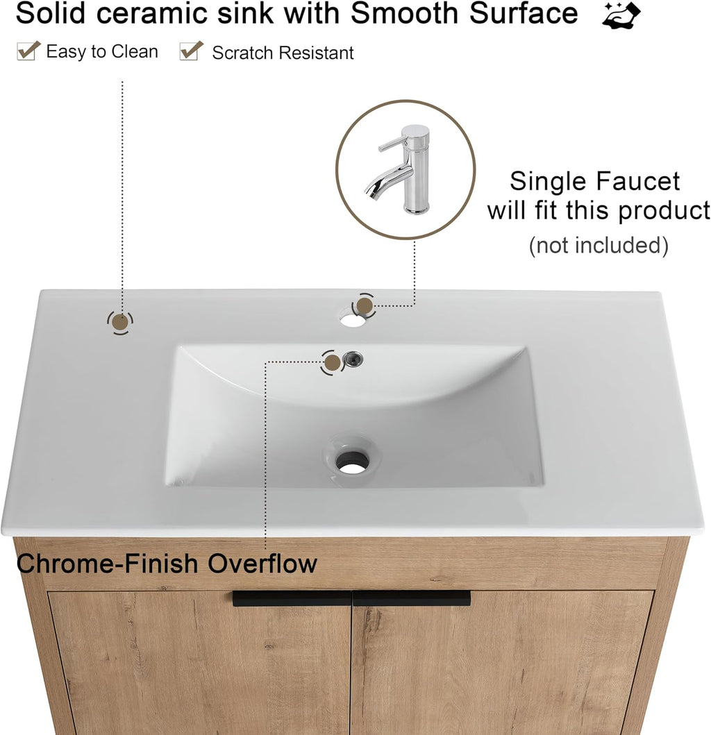 Malwee 36 Inch Freestanding Bathroom Vanity with Sink, 36'' Floor Standing Bathroom Vanity, Modern Vanity with 2 Doors and White Ceramic Basin Sink Top (024-36)