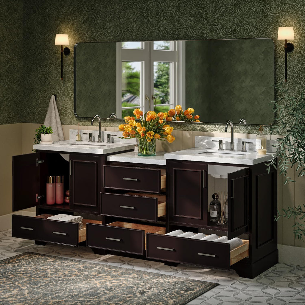ARIEL Stafford 84-inch Bathroom Vanity with Sink,Solid Wood, 1.5in Italian Carrara Marble Countertop, Double Rectangular Porcelain Sink, 4 Soft Closing Doors, 5 Dovetail Drawers, Espresso