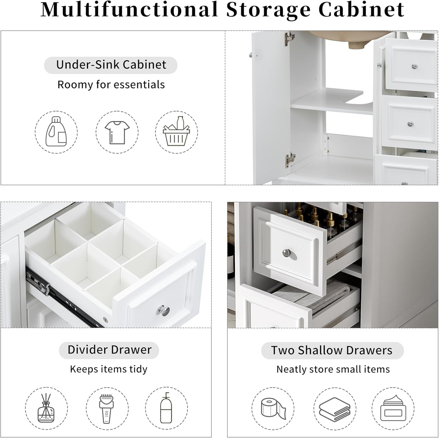 36 Inch Bathroom Vanity with Sink Set Combo Freestanding Cabinet Ceramic Top Freestanding Left Offset Basin 2 Soft Close Doors 3 Drawers White