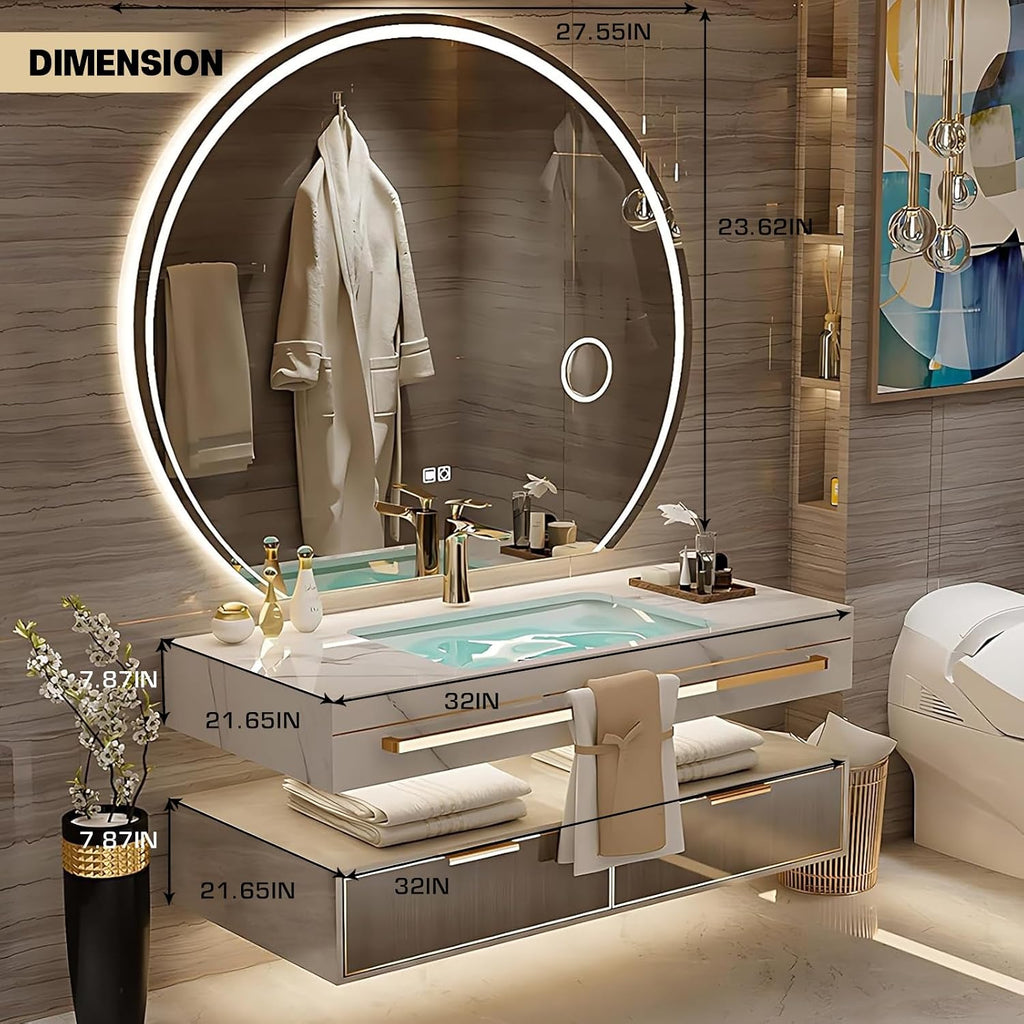 Floating Bathroom Vanity with Sink, Luxury Bathroom Vanity with LED Round Smart Defogger Mirror,Multilayer Solid Wood Spacious Storage Drawer Include Faucet and Drain Fittings,Single Sink(32')