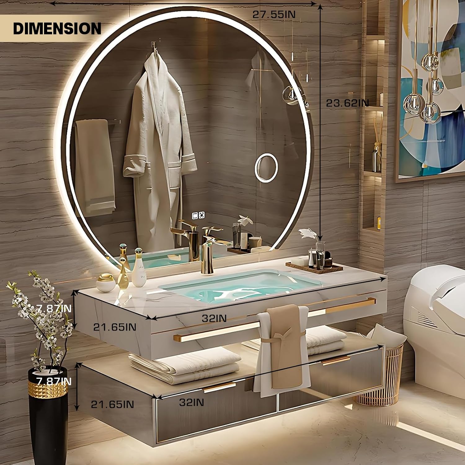 Floating Bathroom Vanity with Sink, Luxury Bathroom Vanity with LED Round Smart Defogger Mirror,Multilayer Solid Wood Spacious Storage Drawer Include Faucet and Drain Fittings,Single Sink(32')
