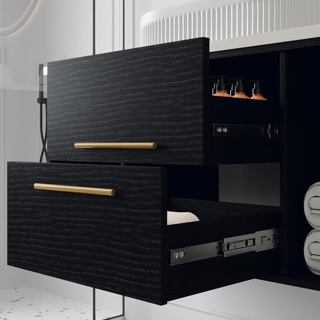 40 Inch Modern Bathroom Vanity Floating Bathroom Vanities with Above Oval Sink 40' Wall Mounted Bathroom Sink Cabinet with 2 Drawers & 2 Open Shelves & Gold Metal Handle, Black
