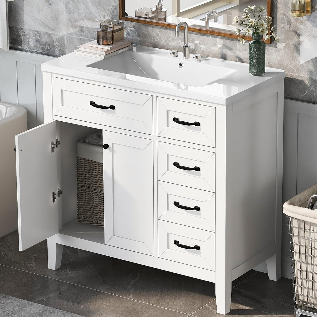 36' Bathroom Vanities with Sink Combo, Wood Modern White Bathroom Sink Cabinet with Soft Closing 3 Drawers and Doors, Freestanding Set