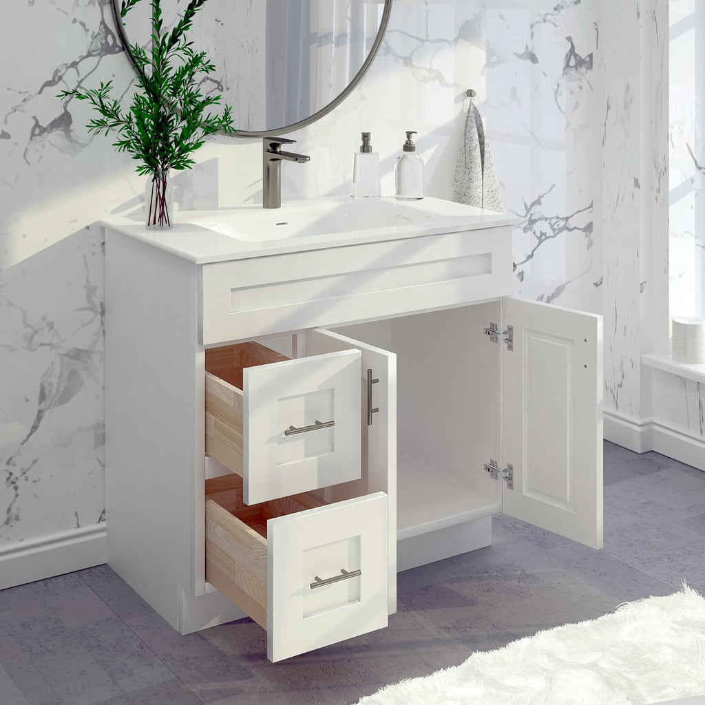 White Shaker Bathroom Vanity with Sink 36' – Solid Surface One-Piece Top, Soft-Close Doors & Drawers, Polyurethane Nano Resin Sink, Pre-Drilled Faucet Hole, Modern Bath Vanity Cabinet Set