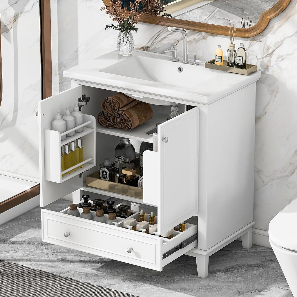30' Bathroom Vanity with Sink Combo, Multi-Functional Bathroom Cabinet with Doors and Drawer, Solid Frame and MDF Board, White