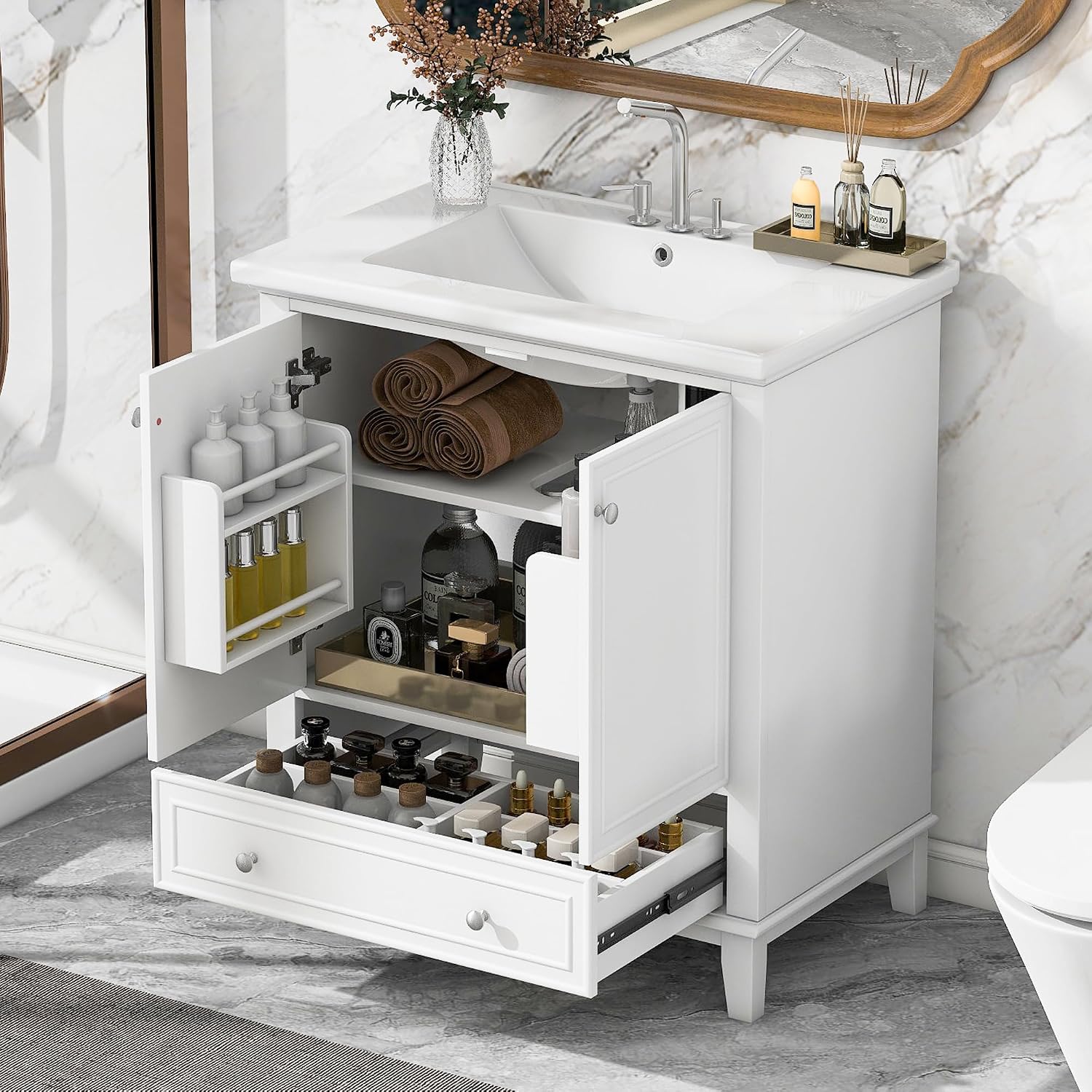 30' Bathroom Vanity with Sink Combo, Multi-Functional Bathroom Cabinet with Doors and Drawer, Solid Frame and MDF Board, White