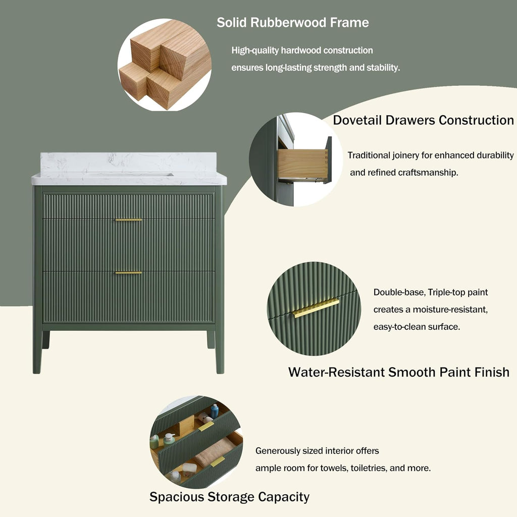 KEIKI 36' Freestanding Bathroom Vanity with Sink,Wood Storage Cabinet with 2 Handle Sets and Engineered Marble Top
