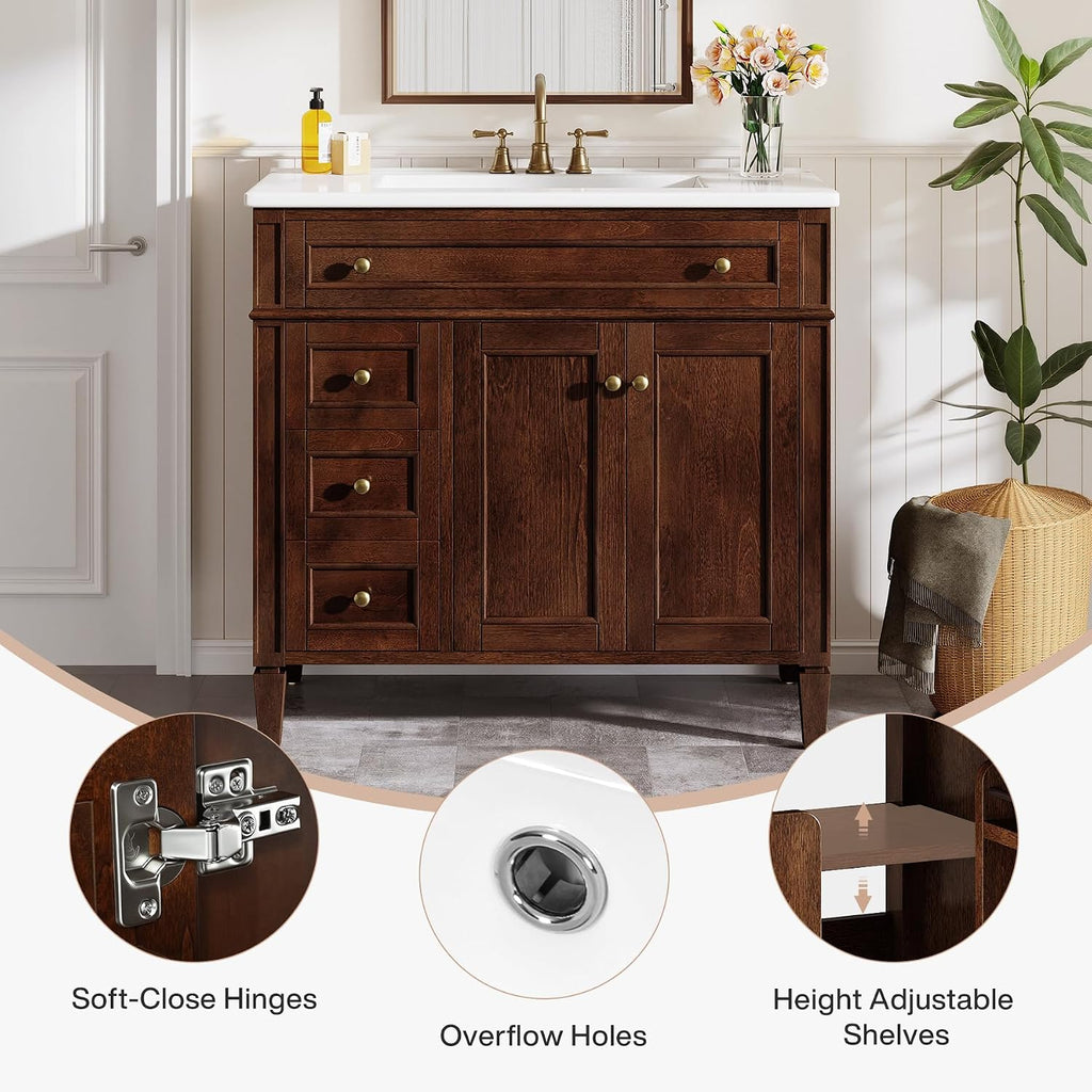Tribesigns 36' Bathroom Vanity with Sink, Farmhouse Bathroom Sink Cabinet with 4 Drawers & 2 Doors, Bath Storage Vanity Sink with Metal Handles, Solid Wood Frame, Paint Surface Brown