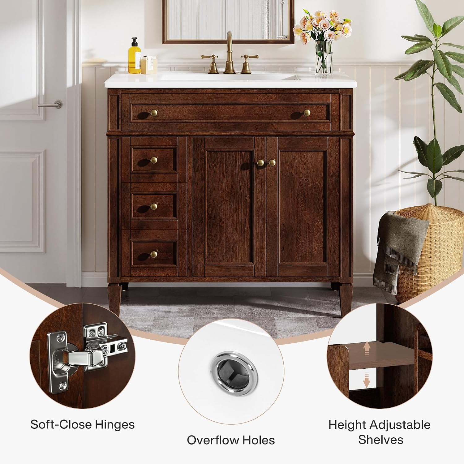 Tribesigns 36' Bathroom Vanity with Sink, Farmhouse Bathroom Sink Cabinet with 4 Drawers & 2 Doors, Bath Storage Vanity Sink with Metal Handles, Solid Wood Frame, Paint Surface Brown