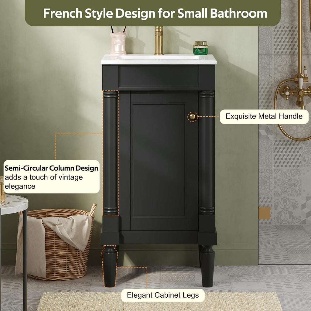 VilroCaz Modern 18'' Bathroom Vanity with Top Sink, Freestanding Bathroom Storage Cabinet with Door and Adjustable Shelf, Single Sink Cabinet with Nordic Style Legs (Black-Right-Open)