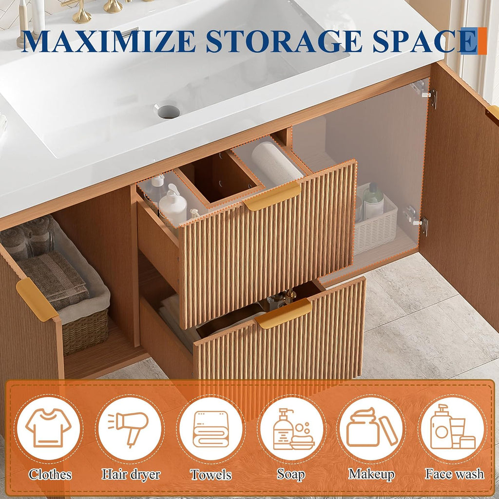 48 inch Bathroom Vanity with Sink Combo, Floating Double Sink Bathroom Vanities with SMC Resin Top, MDF Cabinet, Wall-Mounted Vanities for Large Bathrooms (48''-Wood)