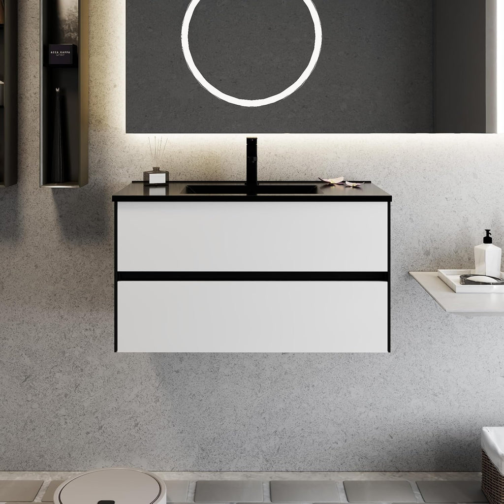 eclife 36' Bathroom Vanity Cabinet with Undermount Black Sink Combo, Wall Mounted Floating Bathroom Cabinet with Colors Mixed Style, 2 Big Drawers & Matte Black Faucet